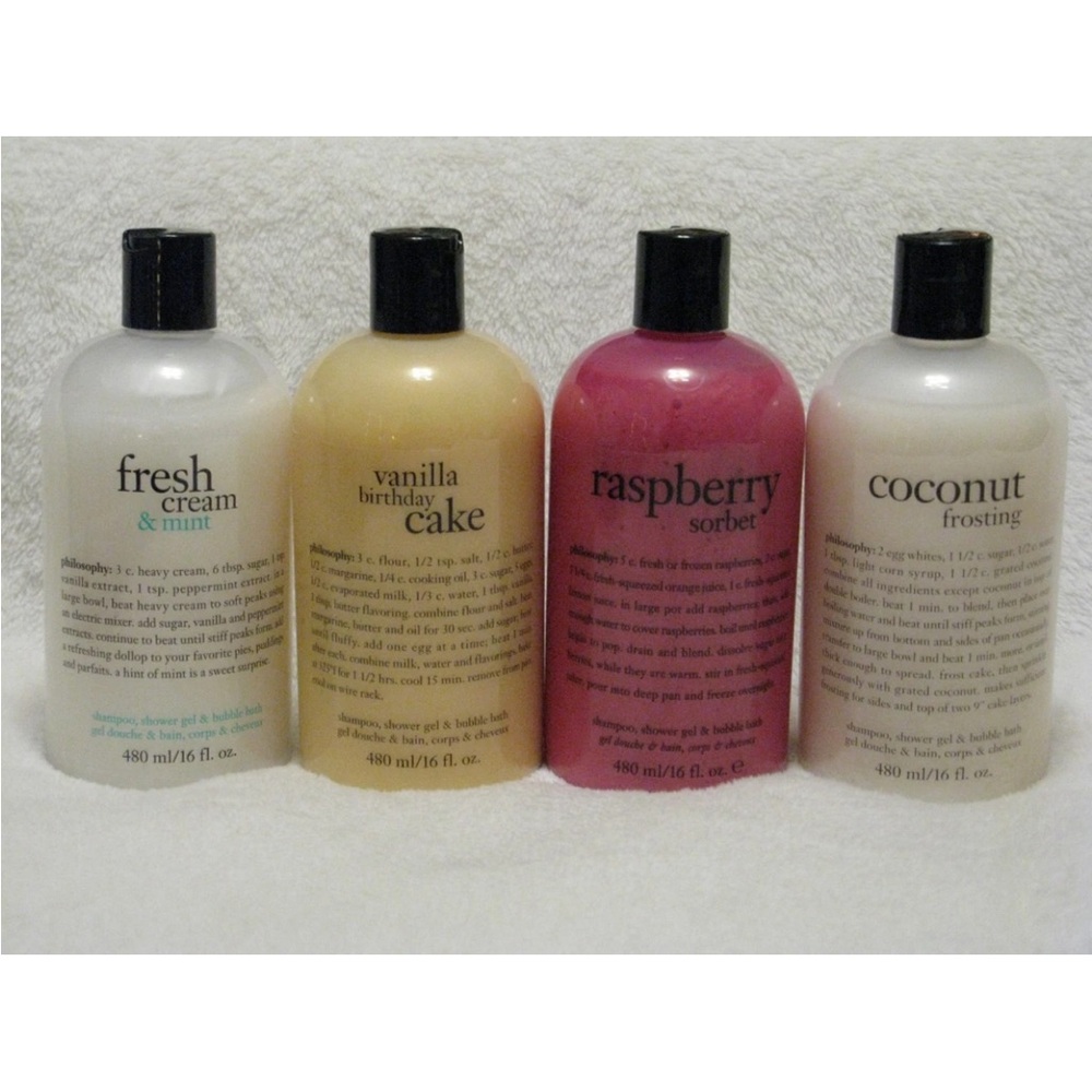 Philosophy 3-in-1 Shower Gel Coconut, Vanilla, Raspeberry, Cream 4x 16oz Bottles